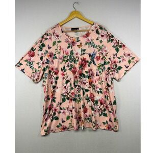 Cottagecore Antthony Women 2X Pink Floral Hummingbird Butterfly Knit Tee Top